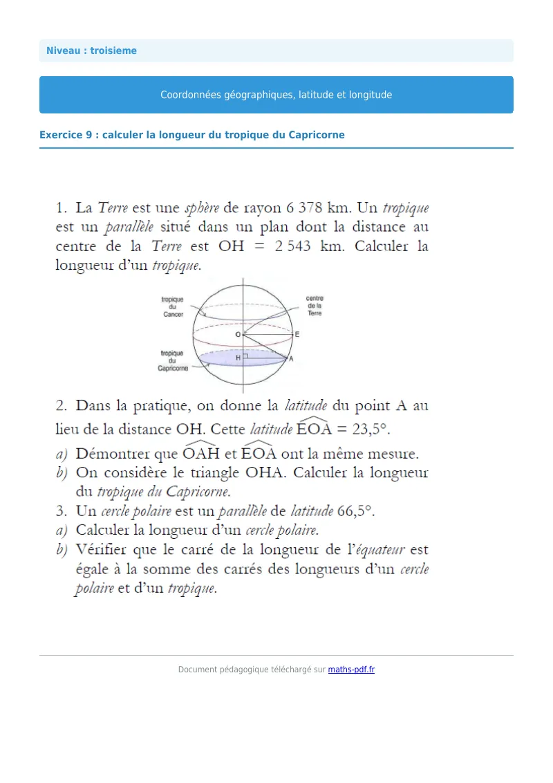 Coordonnées géographiques : exercice n°9 de maths en 3ème corrigé en PDF