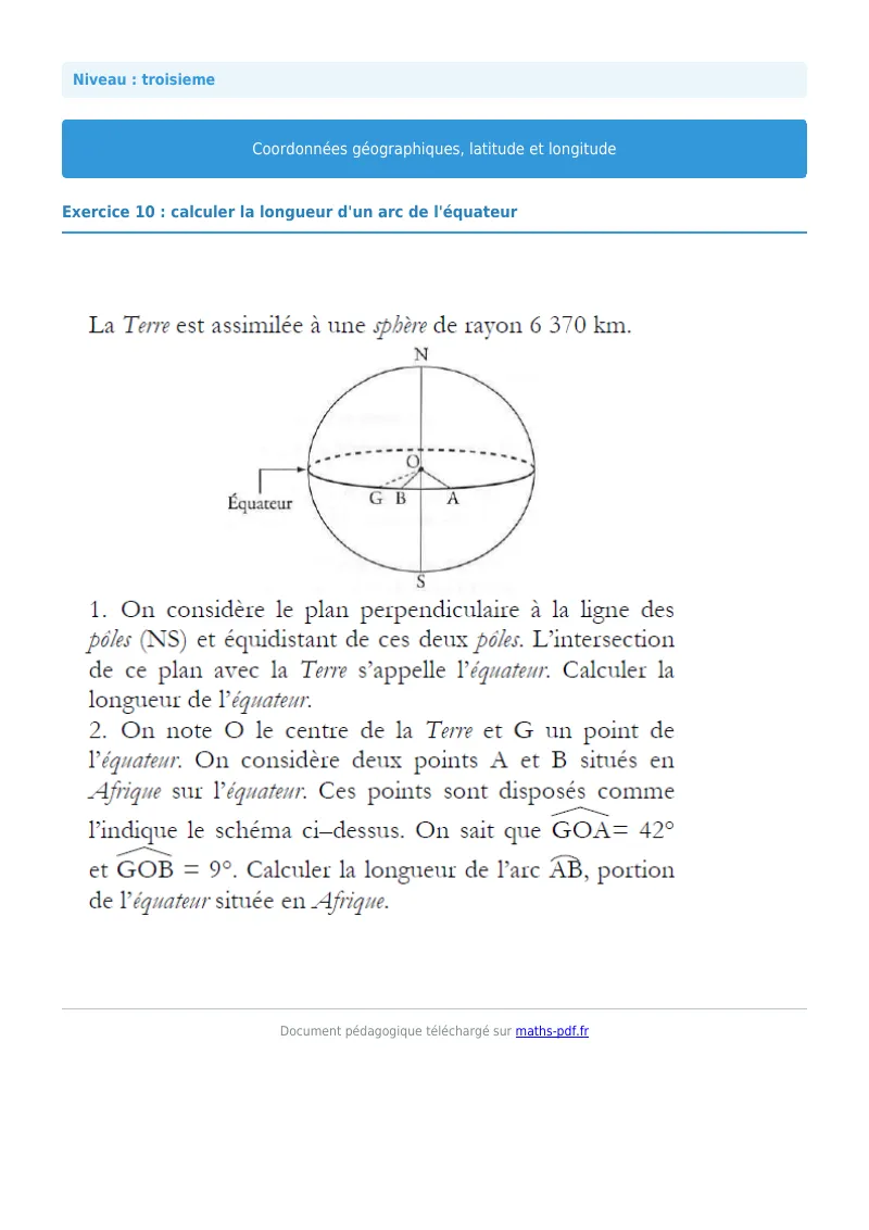 Coordonnées géographiques : exercice n°10 de maths en 3ème corrigé en PDF