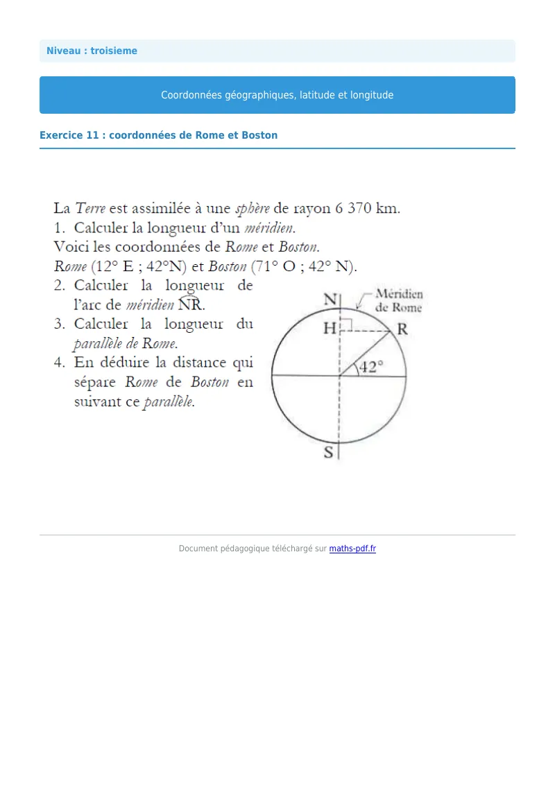 Coordonnées géographiques : exercice n°11 de maths en 3ème corrigé en PDF