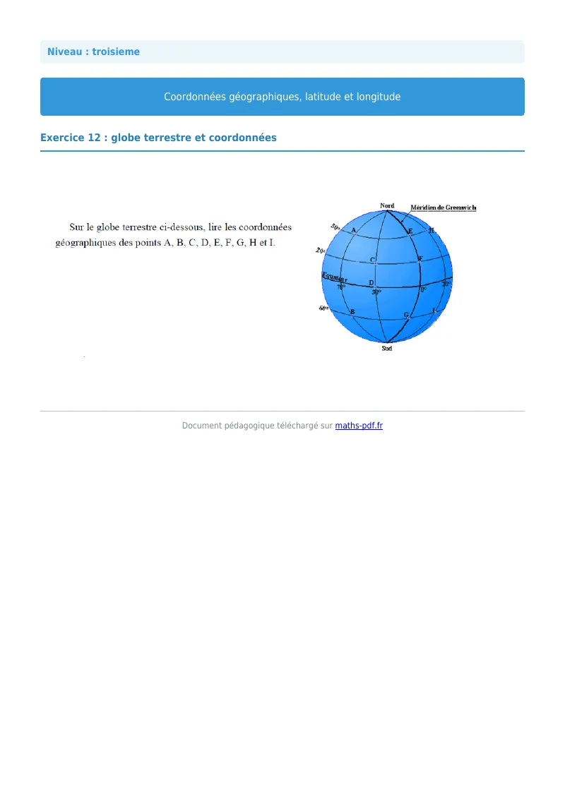 Coordonnées géographiques : exercice n°12 de maths en 3ème corrigé en PDF
