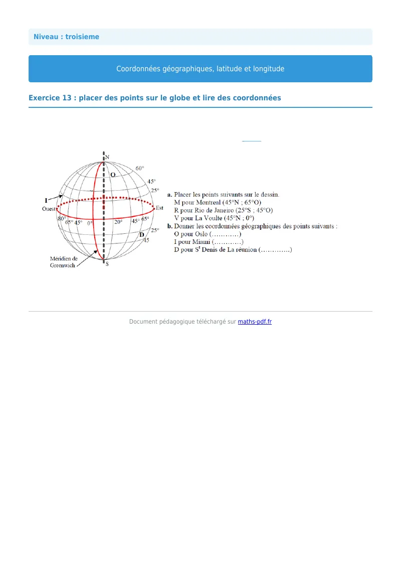 Coordonnées géographiques : exercice n°13 de maths en 3ème corrigé en PDF