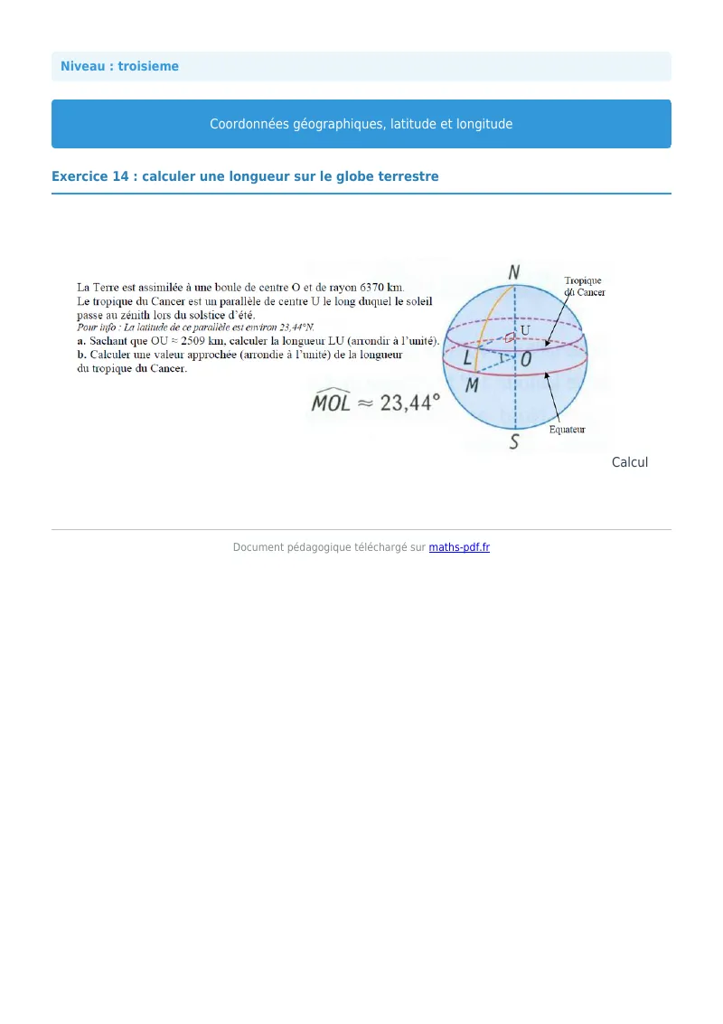 Coordonnées géographiques : exercice n°14 de maths en 3ème corrigé en PDF
