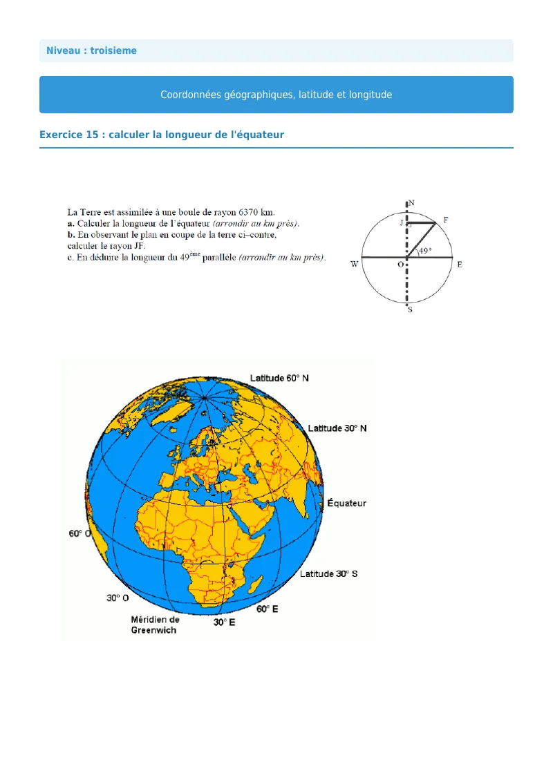 Coordonnées géographiques : exercice n°15 de maths en 3ème corrigé en PDF