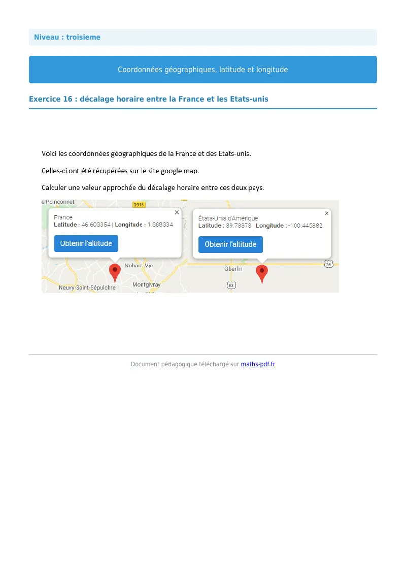 Coordonnées géographiques : exercice n°16 de maths en 3ème corrigé en PDF