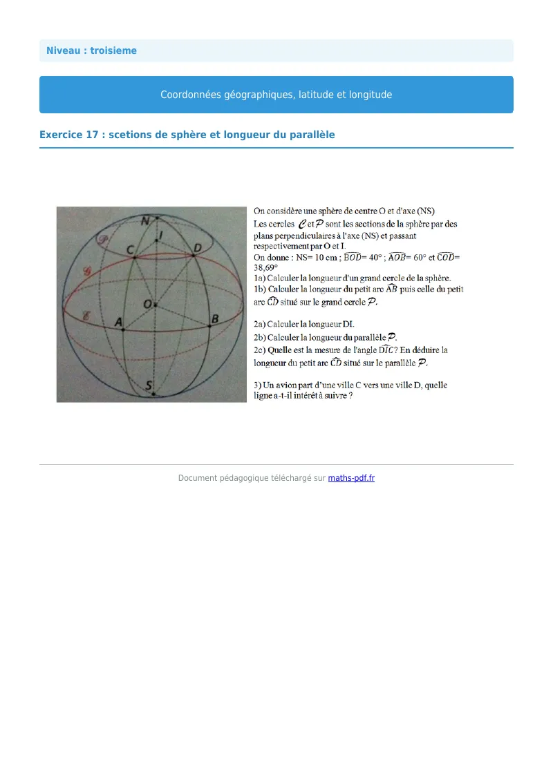 Coordonnées géographiques : exercice n°17 de maths en 3ème corrigé en PDF