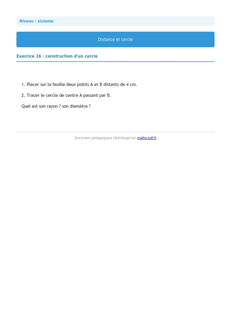 Cercle : exercice n°16 de maths en 6ème corrigé en PDF