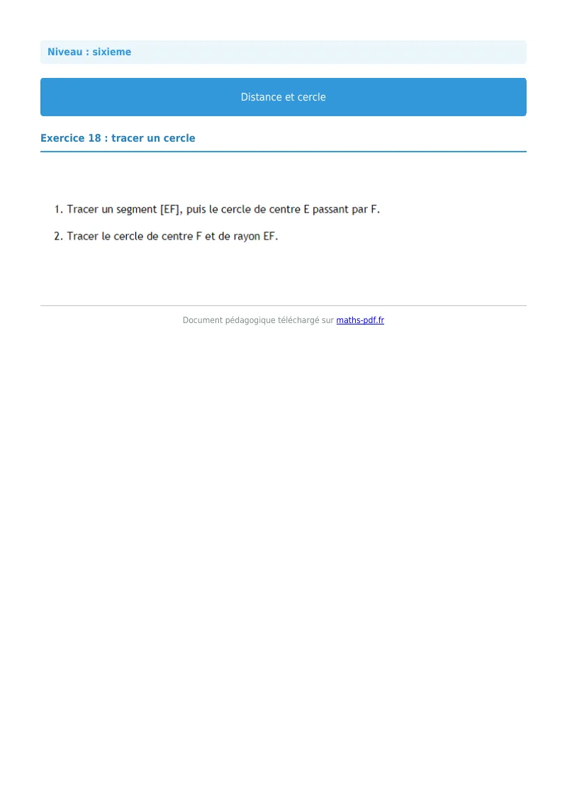Cercle : exercice n°18 de maths en 6ème corrigé en PDF