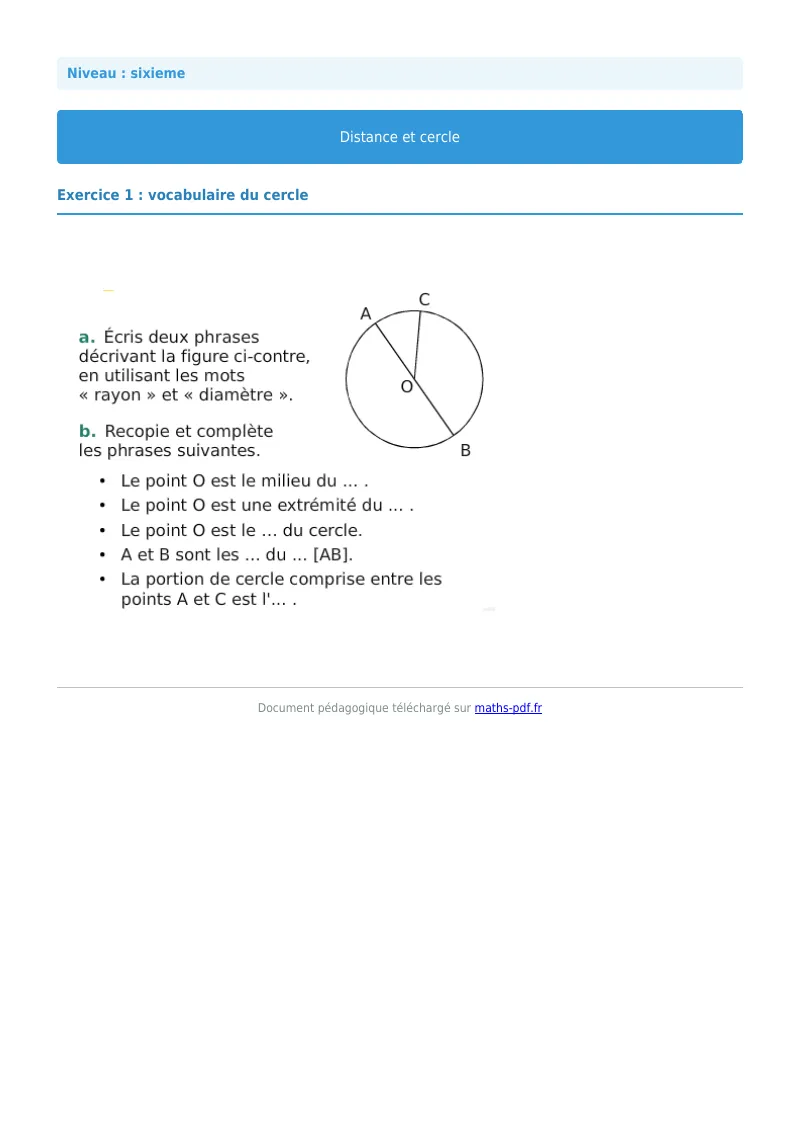 Cercle : exercice n°1 de maths en 6ème corrigé en PDF