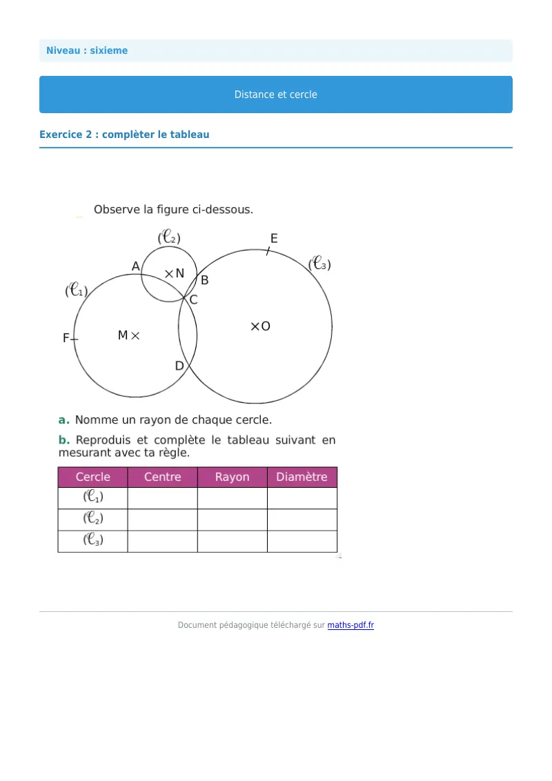 Cercle : exercice n°2 de maths en 6ème corrigé en PDF