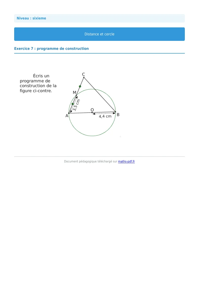 Cercle : exercice n°7 de maths en 6ème corrigé en PDF