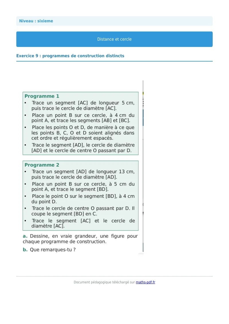Cercle : exercice n°9 de maths en 6ème corrigé en PDF