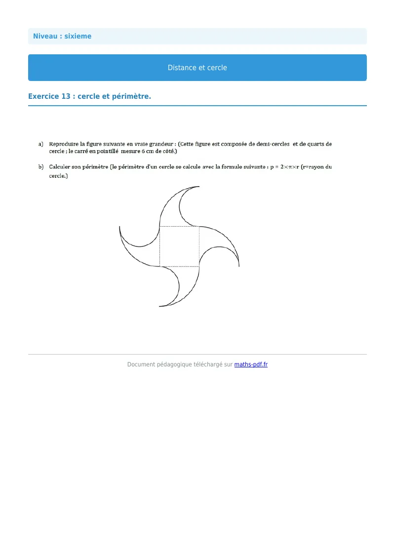 Cercle : exercice n°13 de maths en 6ème corrigé en PDF
