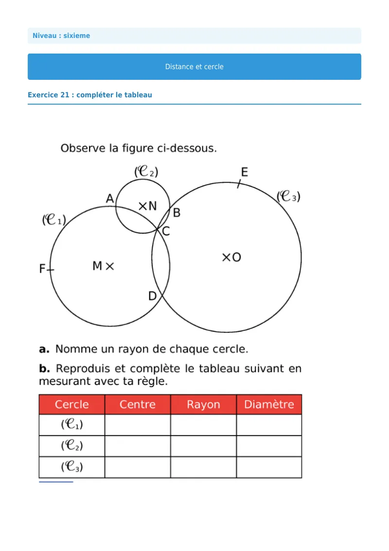 Cercle : exercice n°21 de maths en 6ème corrigé en PDF