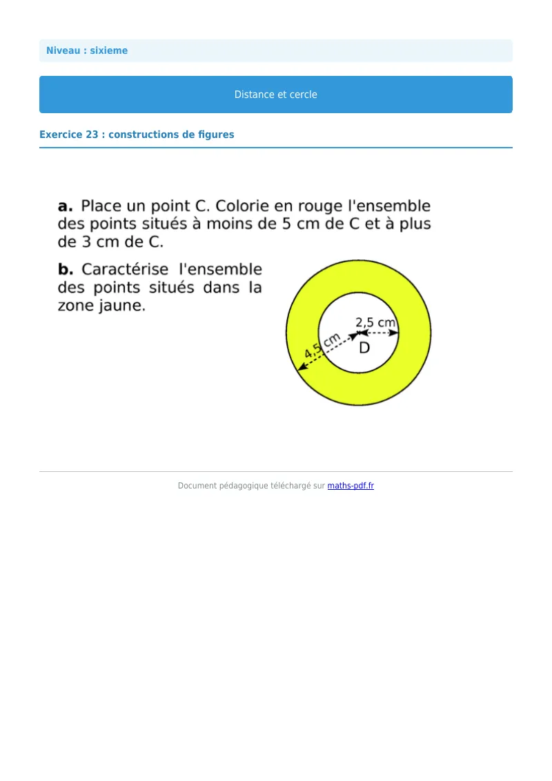 Cercle : exercice n°23 de maths en 6ème corrigé en PDF