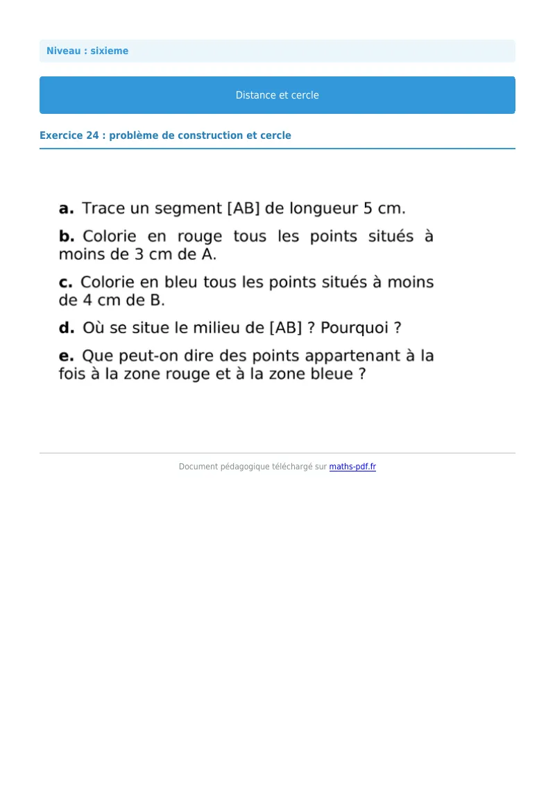 Cercle : exercice n°24 de maths en 6ème corrigé en PDF