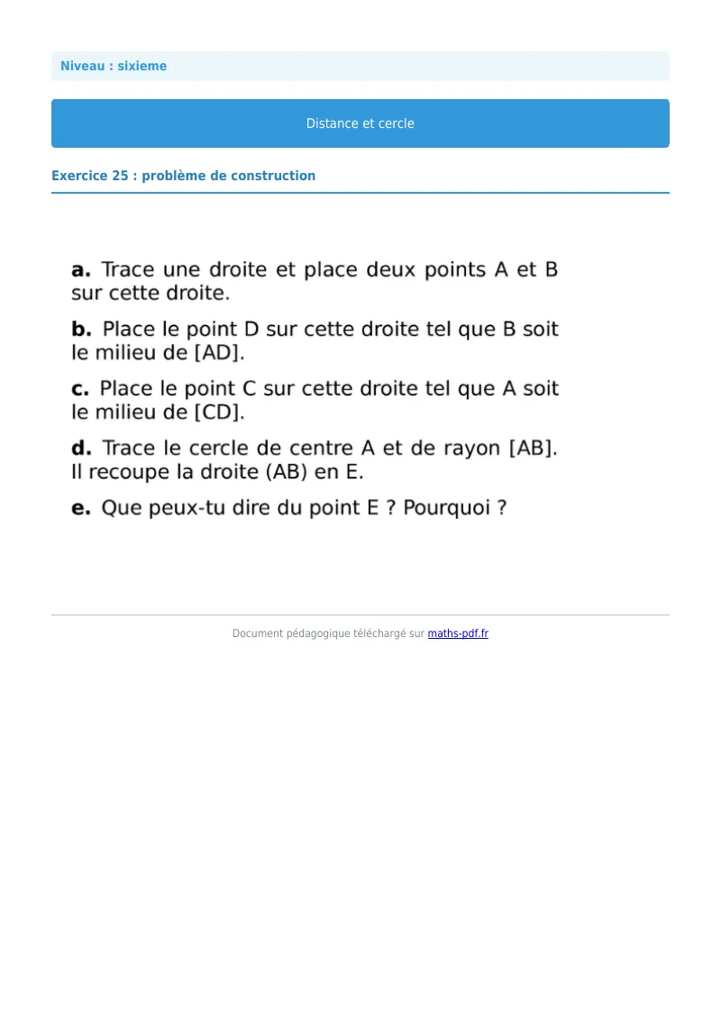 Cercle : exercice n°25 de maths en 6ème corrigé en PDF