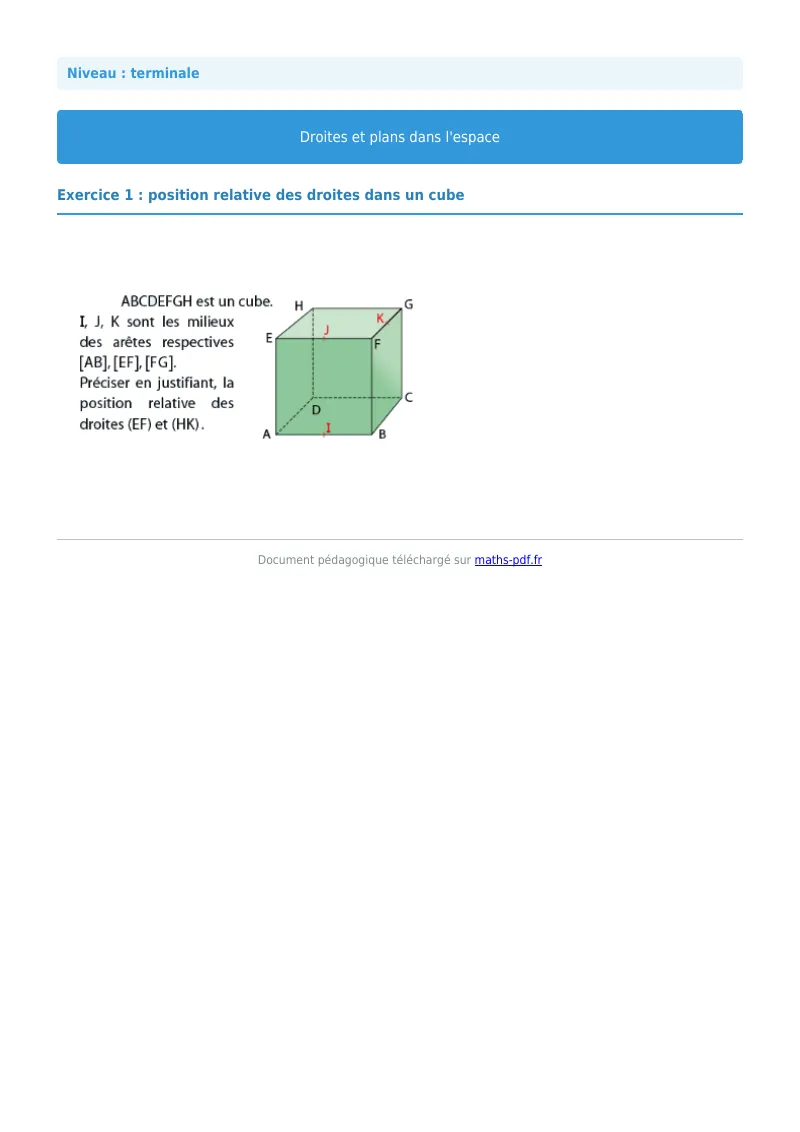 Droites et plans de l’espace : exercice n°1 de maths en terminale corrigé en PDF