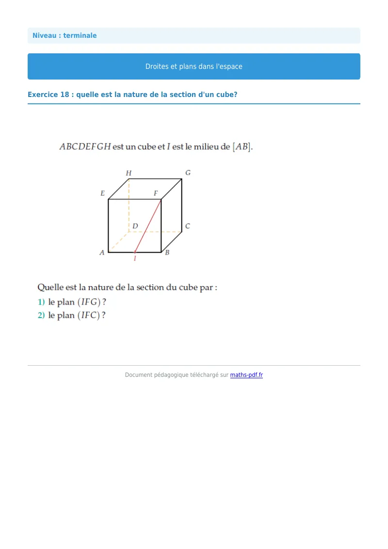 Droites et plans de l’espace : exercice n°18 de maths en terminale corrigé en PDF