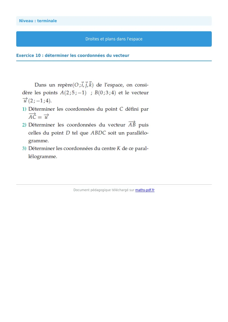 Droites et plans de l’espace : exercice n°10 de maths en terminale corrigé en PDF