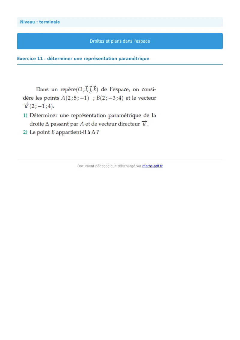 Droites et plans de l’espace : exercice n°11 de maths en terminale corrigé en PDF