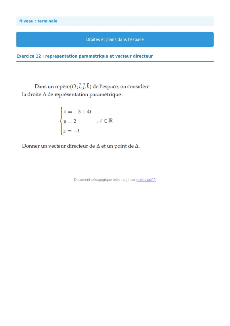 Droites et plans de l’espace : exercice n°12 de maths en terminale corrigé en PDF