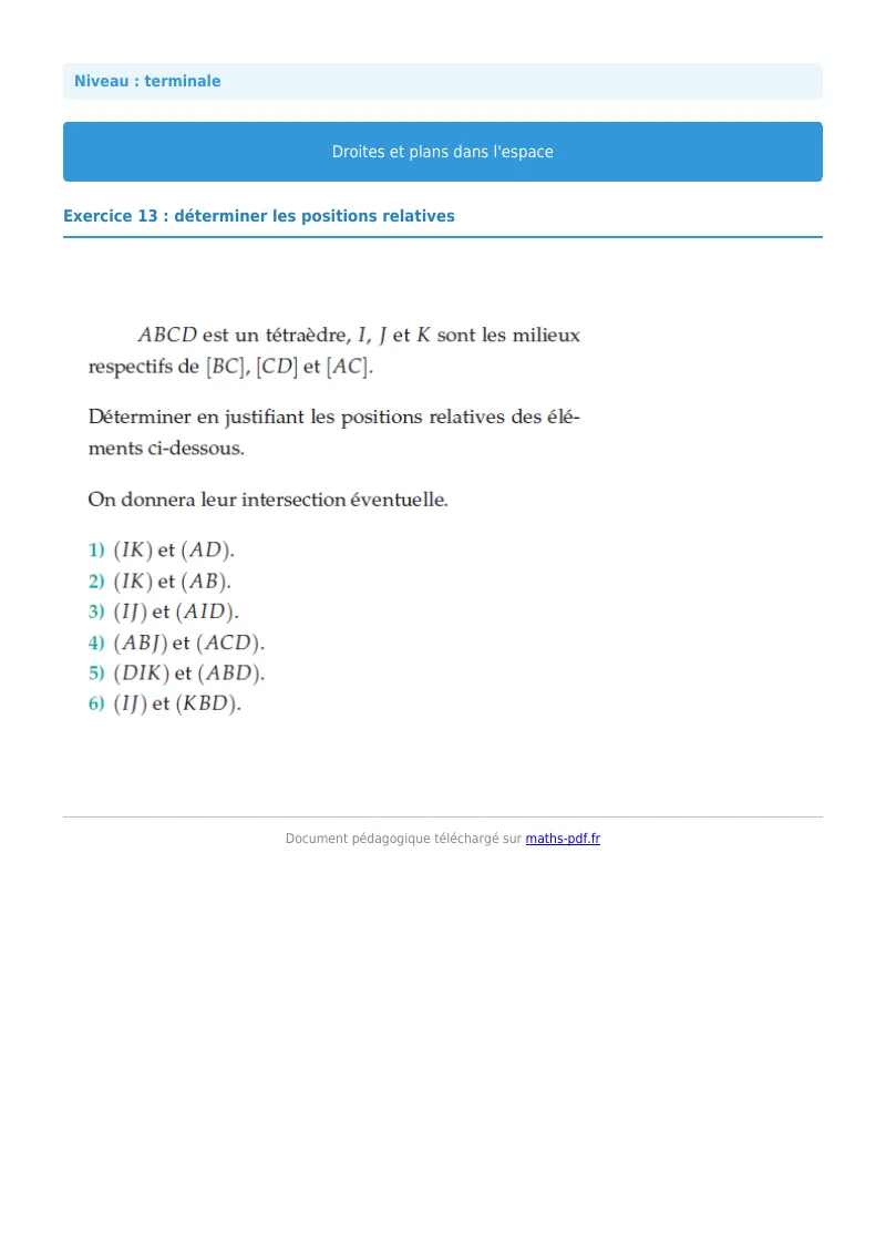 Droites et plans de l’espace : exercice n°13 de maths en terminale corrigé en PDF