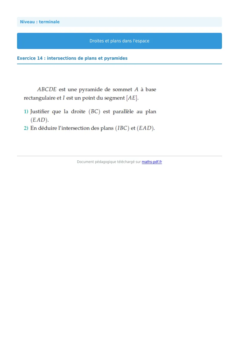 Droites et plans de l’espace : exercice n°14 de maths en terminale corrigé en PDF