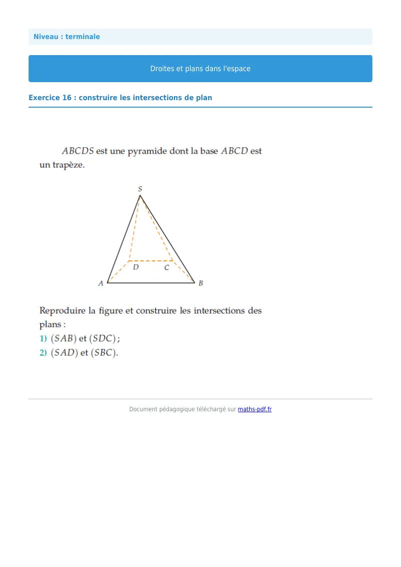 Droites et plans de l’espace : exercice n°16 de maths en terminale corrigé en PDF
