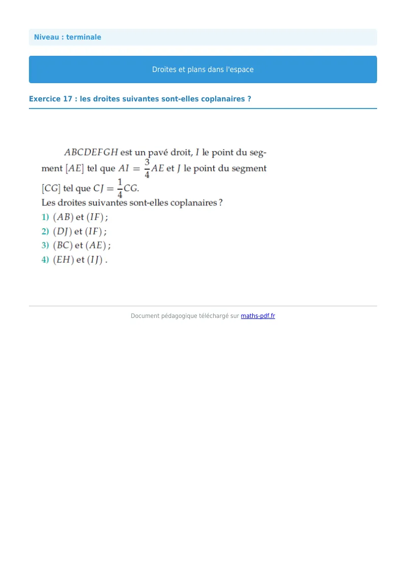 Droites et plans de l’espace : exercice n°17 de maths en terminale corrigé en PDF