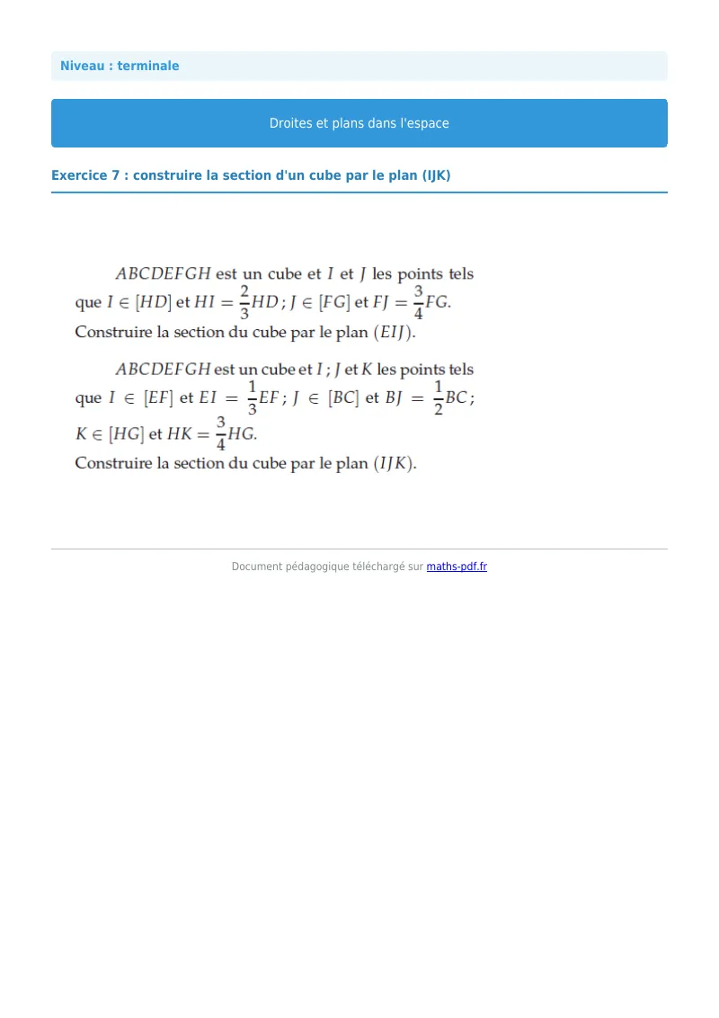 Droites et plans de l’espace : exercice n°7 de maths en terminale corrigé en PDF