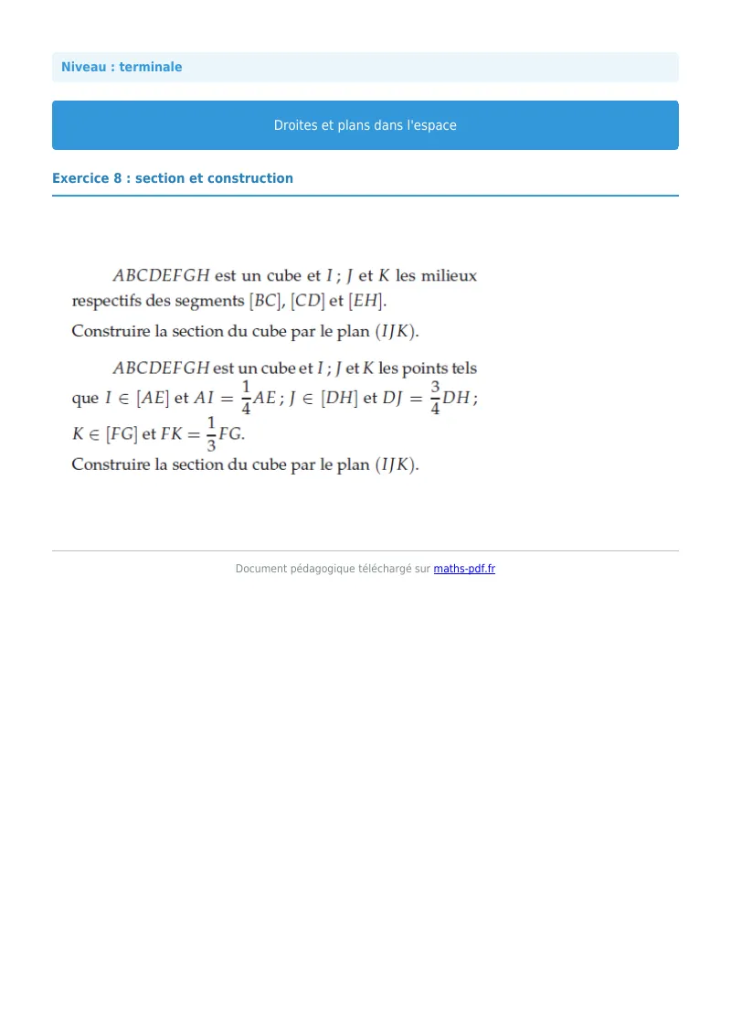 Droites et plans de l’espace : exercice n°8 de maths en terminale corrigé en PDF