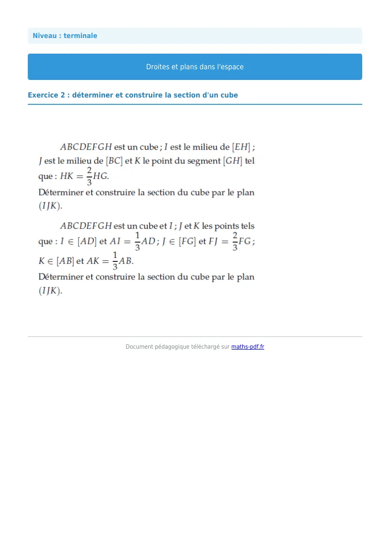 Droites et plans de l’espace : exercice n°2 de maths en terminale corrigé en PDF