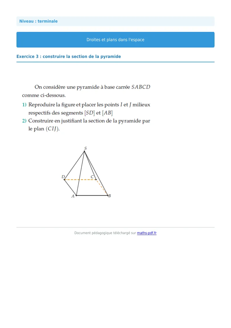 Droites et plans de l’espace : exercice n°3 de maths en terminale corrigé en PDF