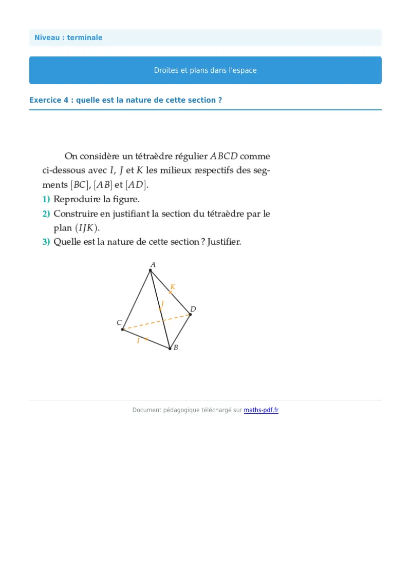 Droites et plans de l’espace : exercice n°4 de maths en terminale corrigé en PDF