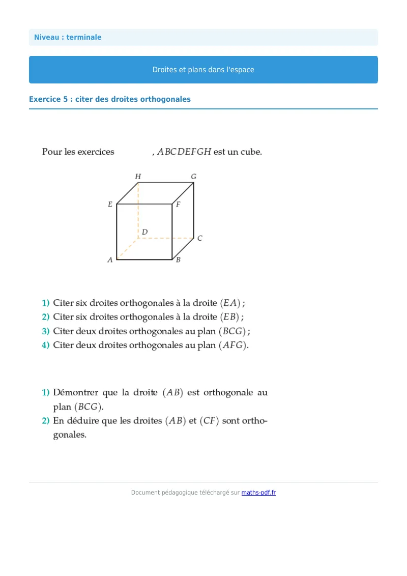 Droites et plans de l’espace : exercice n°5 de maths en terminale corrigé en PDF