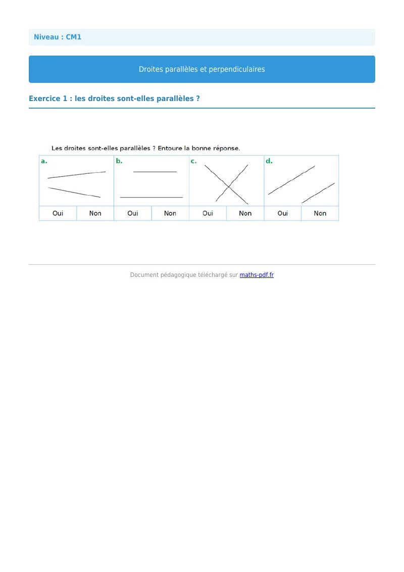 Droites parallèles et perpendiculaires : exercice n°1 de maths en CM1 corrigé en PDF