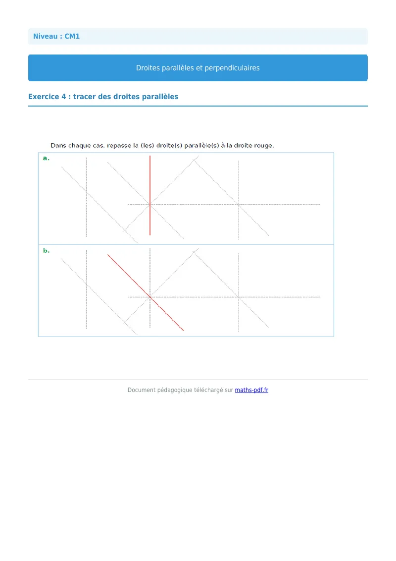 Droites parallèles et perpendiculaires : exercice n°4 de maths en CM1 corrigé en PDF