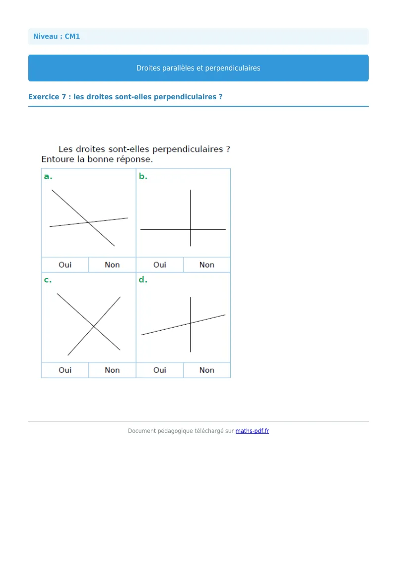 Droites parallèles et perpendiculaires : exercice n°7 de maths en CM1 corrigé en PDF