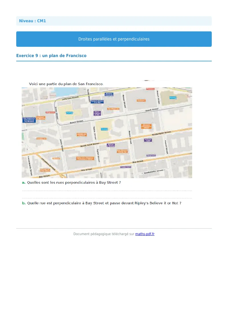 Droites parallèles et perpendiculaires : exercice n°9 de maths en CM1 corrigé en PDF