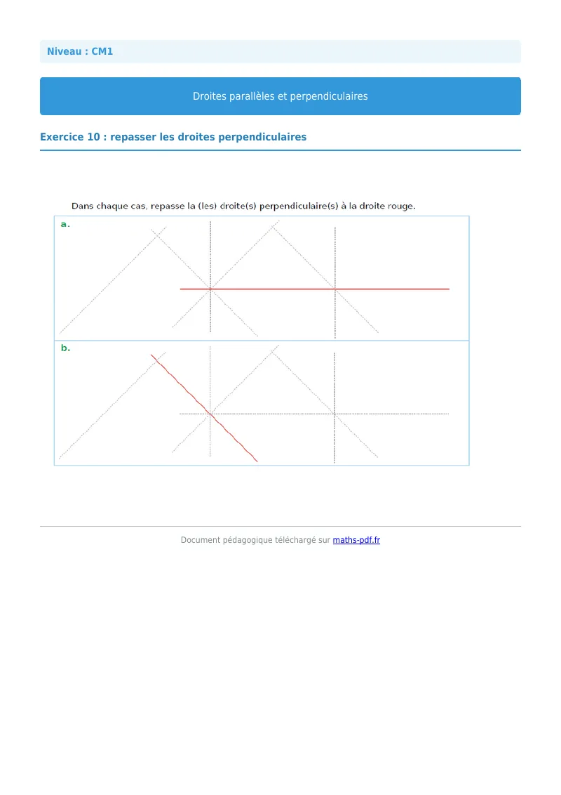 Droites parallèles et perpendiculaires : exercice n°10 de maths en CM1 corrigé en PDF