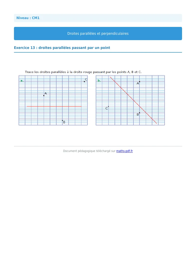 Droites parallèles et perpendiculaires : exercice n°13 de maths en CM1 corrigé en PDF
