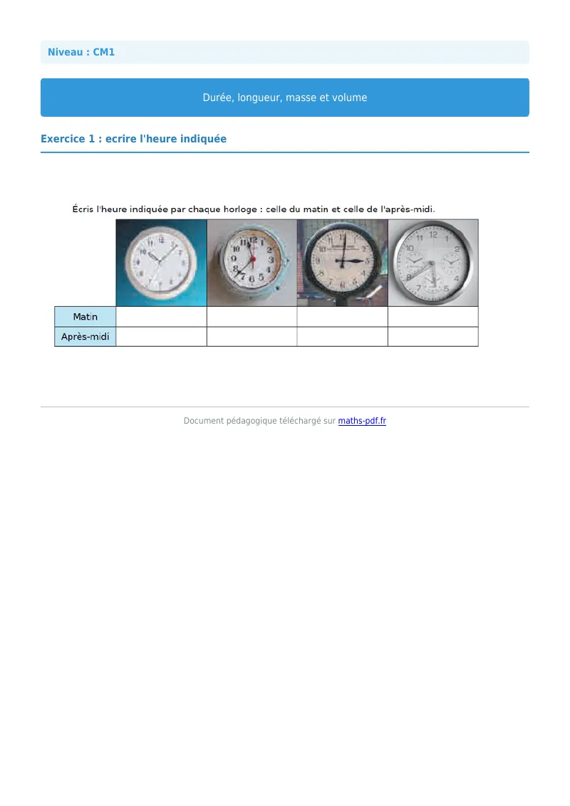 Durée, longueur, masse et volume : exercice n°1 de maths en CM1 corrigé en PDF