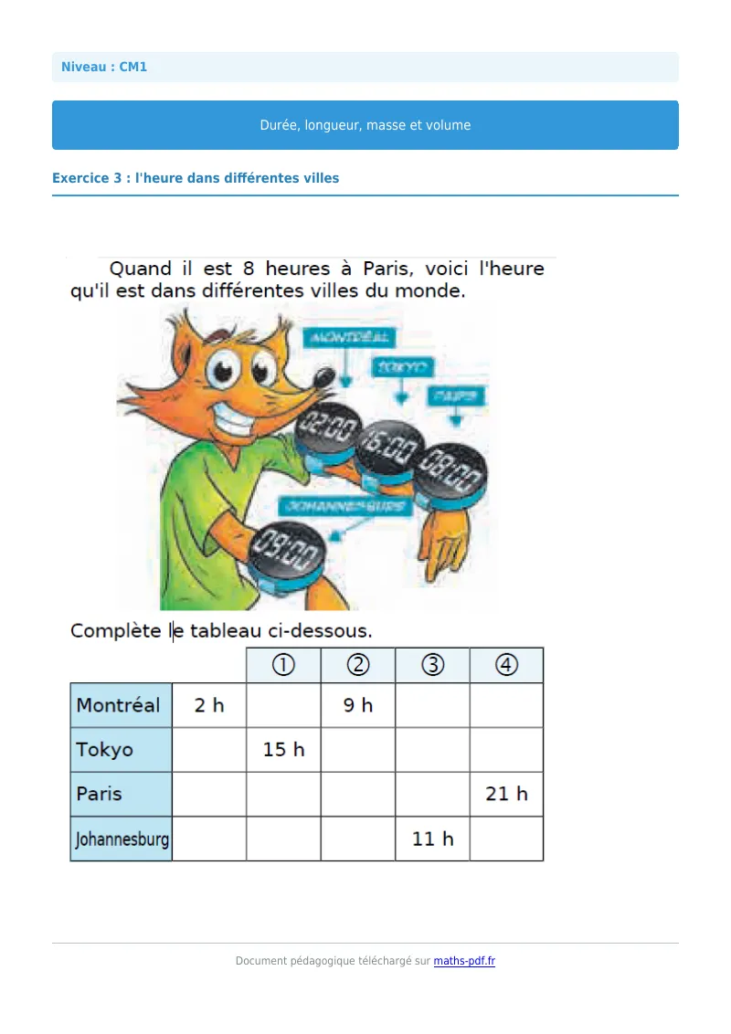 Durée, longueur, masse et volume : exercice n°3 de maths en CM1 corrigé en PDF