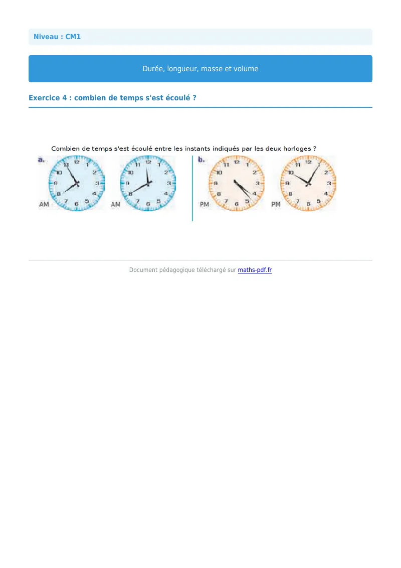 Durée, longueur, masse et volume : exercice n°4 de maths en CM1 corrigé en PDF