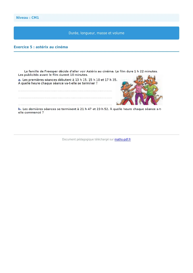 Durée, longueur, masse et volume : exercice n°5 de maths en CM1 corrigé en PDF