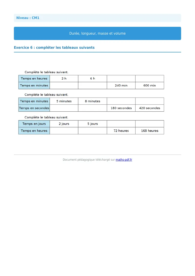 Durée, longueur, masse et volume : exercice n°6 de maths en CM1 corrigé en PDF