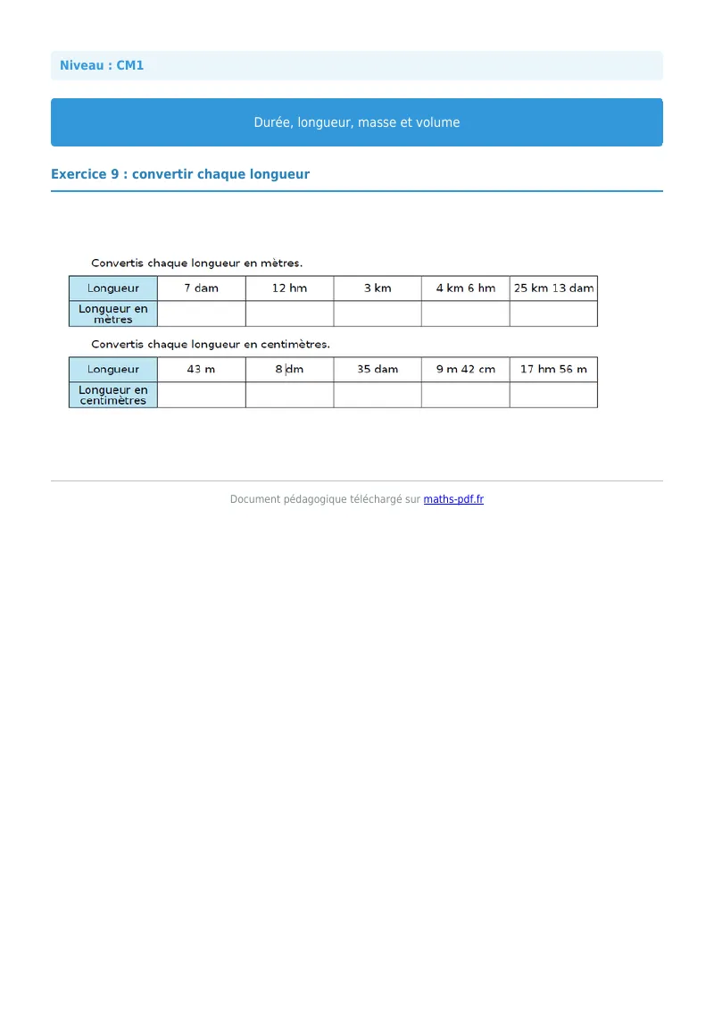 Durée, longueur, masse et volume : exercice n°9 de maths en CM1 corrigé en PDF