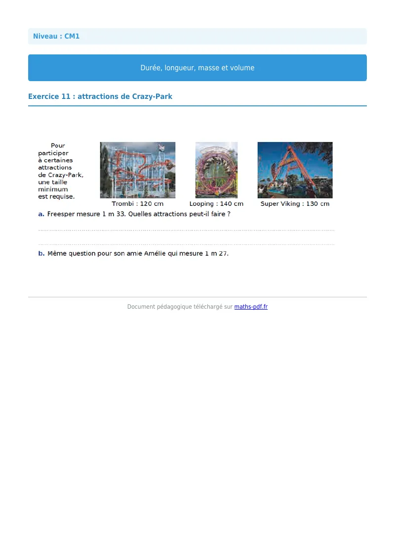 Durée, longueur, masse et volume : exercice n°11 de maths en CM1 corrigé en PDF