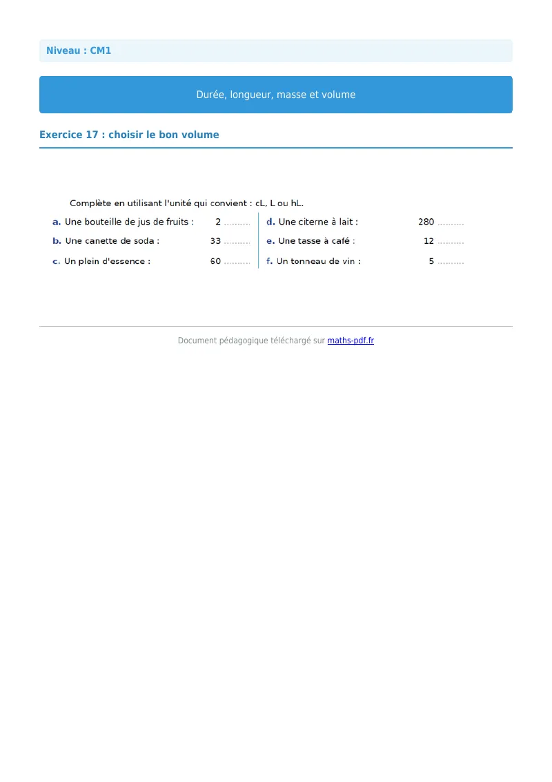 Durée, longueur, masse et volume : exercice n°17 de maths en CM1 corrigé en PDF