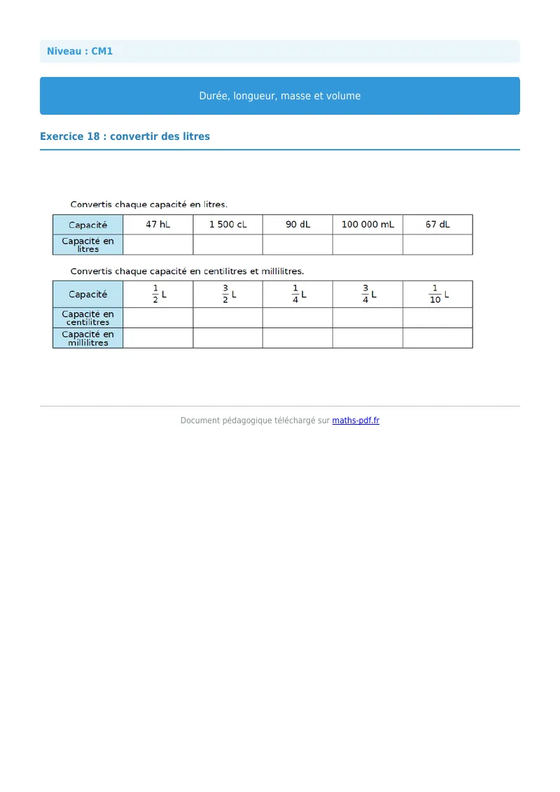 Durée, longueur, masse et volume : exercice n°18 de maths en CM1 corrigé en PDF